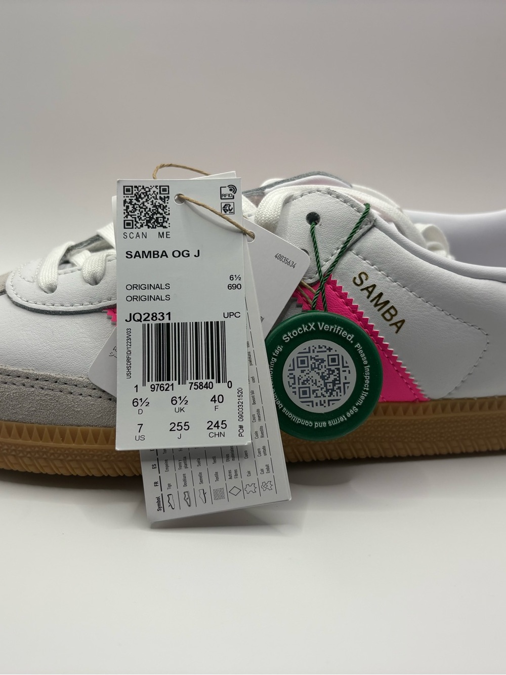 NWT Youth Size 7 adidas Samba OG J Pink White Gum OG box - Picture 2 of 7
